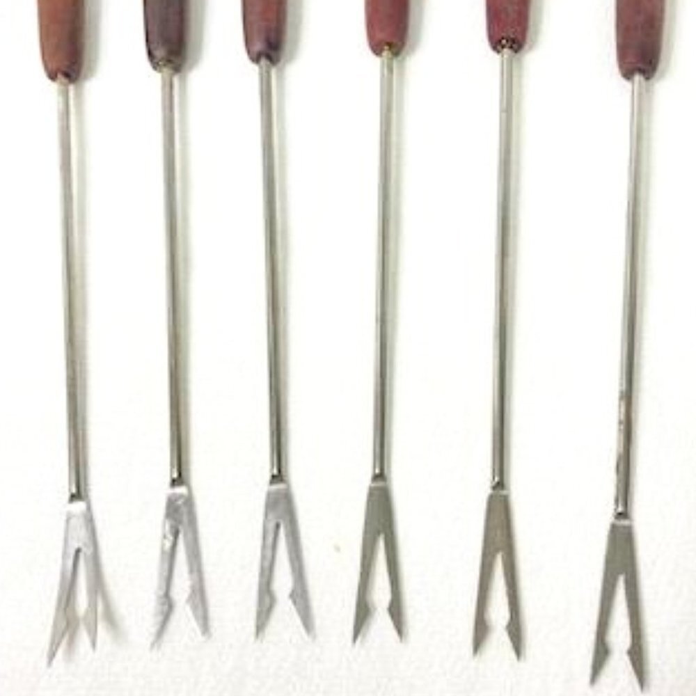 Vtg Fondue Forks Skewers Set of 6 Wood Handle Colored‎ Tips MCM Retro Mod - Picture 3 of 6